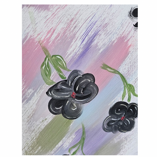 The Gracefully Flat Board Canvas 11x14 Original Acrylic Painting by Try My Closet features abstract black flowers with white and red centers on green stems, set against a pastel pink, purple, and blue background for vibrant artistic style.
