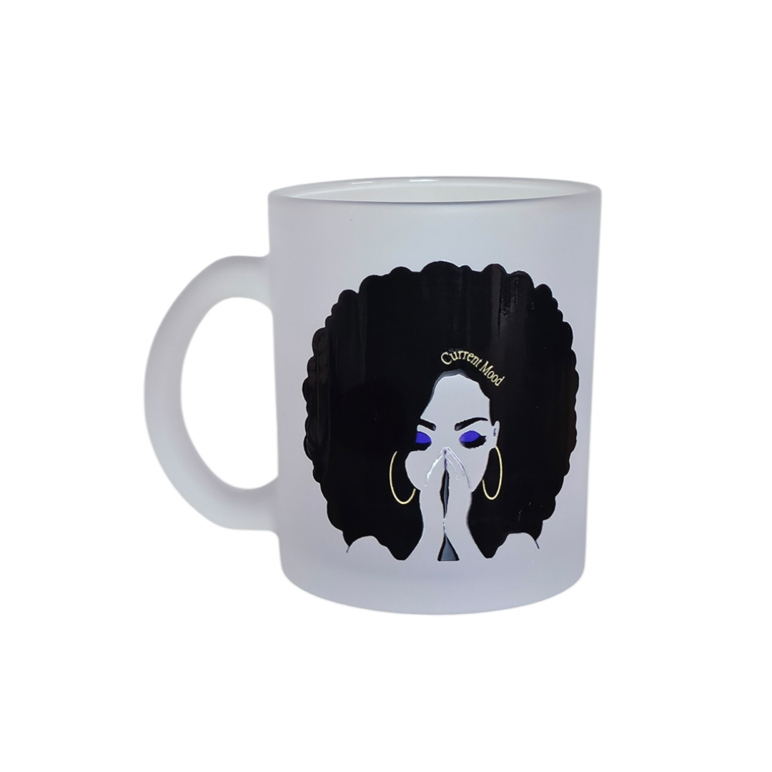 The Try My Closet Current Mood Frosted 11 oz Mug features a woman with a large afro, gold hoop earrings, blue eyeshadow, and hands covering her mouth. Curly Mood is written in her hair—great for quirky or introvert styles.