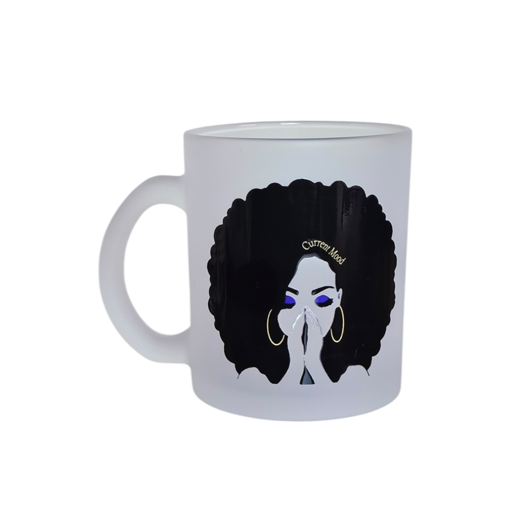 The Try My Closet Current Mood Frosted 11 oz Mug features a woman with big curly hair, gold hoops, blue eyeshadow, and Curvy Mood in her hair—hands over her mouth for the perfect introvert vibe.
