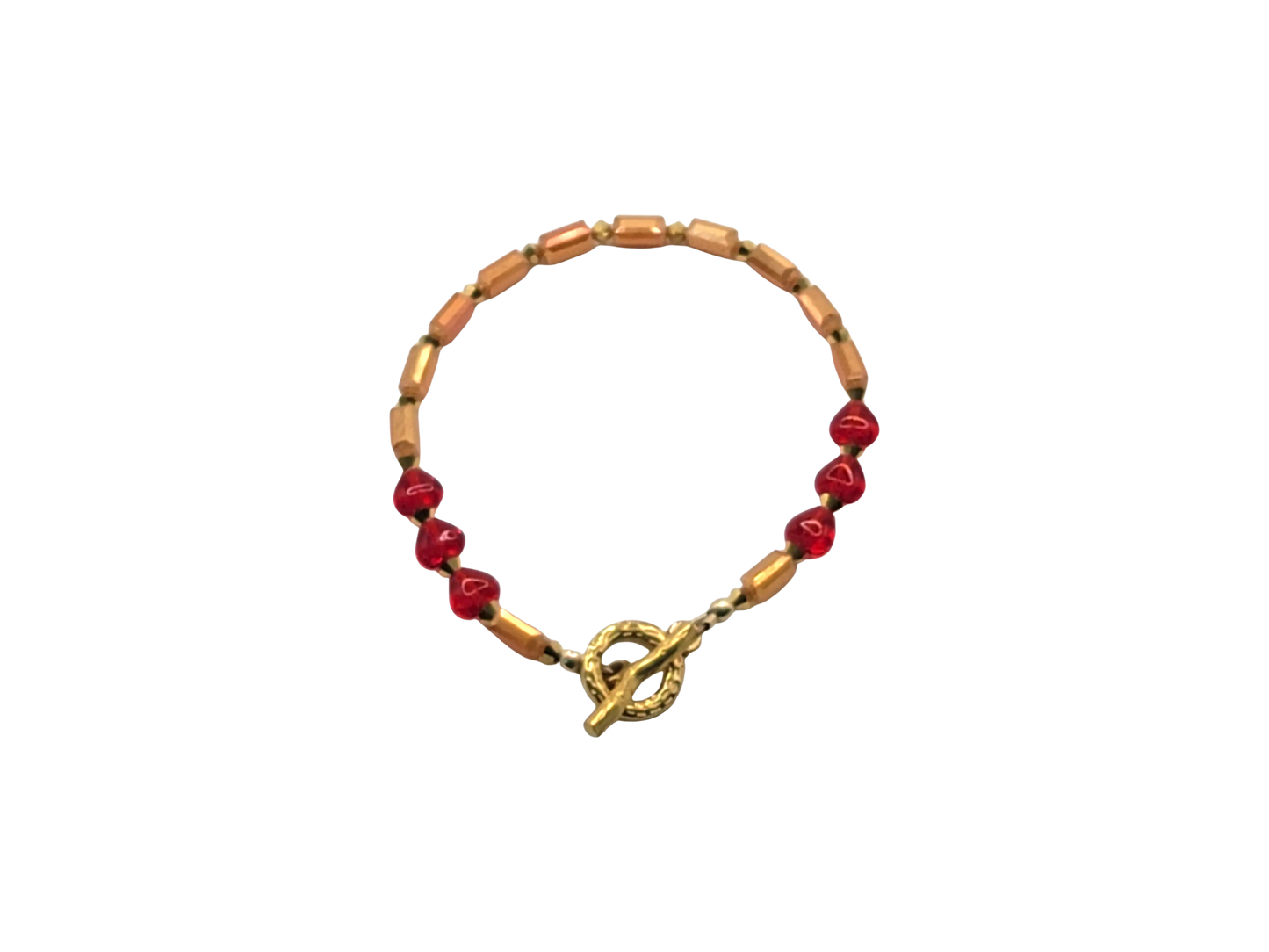 18K Gold Stainless Opaque Dark Golden Sunset Faceted Tube Crystal Toggle Bracelet with Hearts