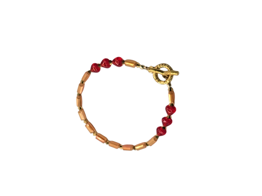 18K Gold Stainless Opaque Dark Golden Sunset Faceted Tube Crystal Toggle Bracelet with Hearts