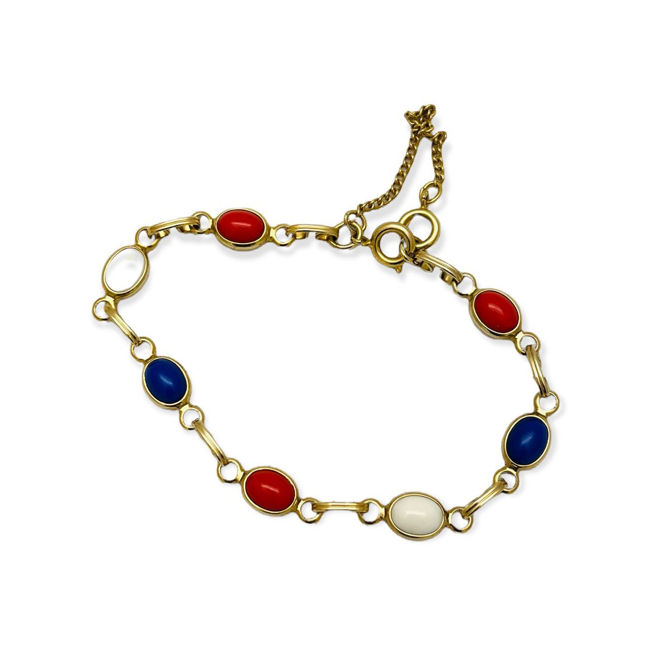Vintage 12K Gold Filled Oval Red, White, Blue Stones W Scrolled Links 7"