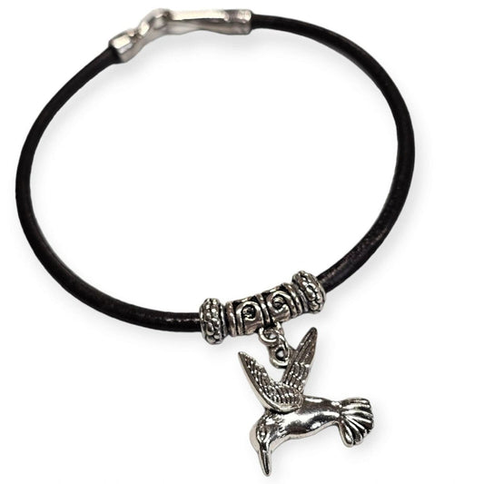 Handmade Brown Leather w Silvertone Pewter Accent Clasp Hummingbird Charm (8)