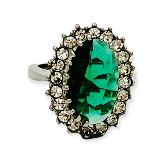 Vintage 2 Tiered Green Cubic Zirconia Halo Ring Size 8