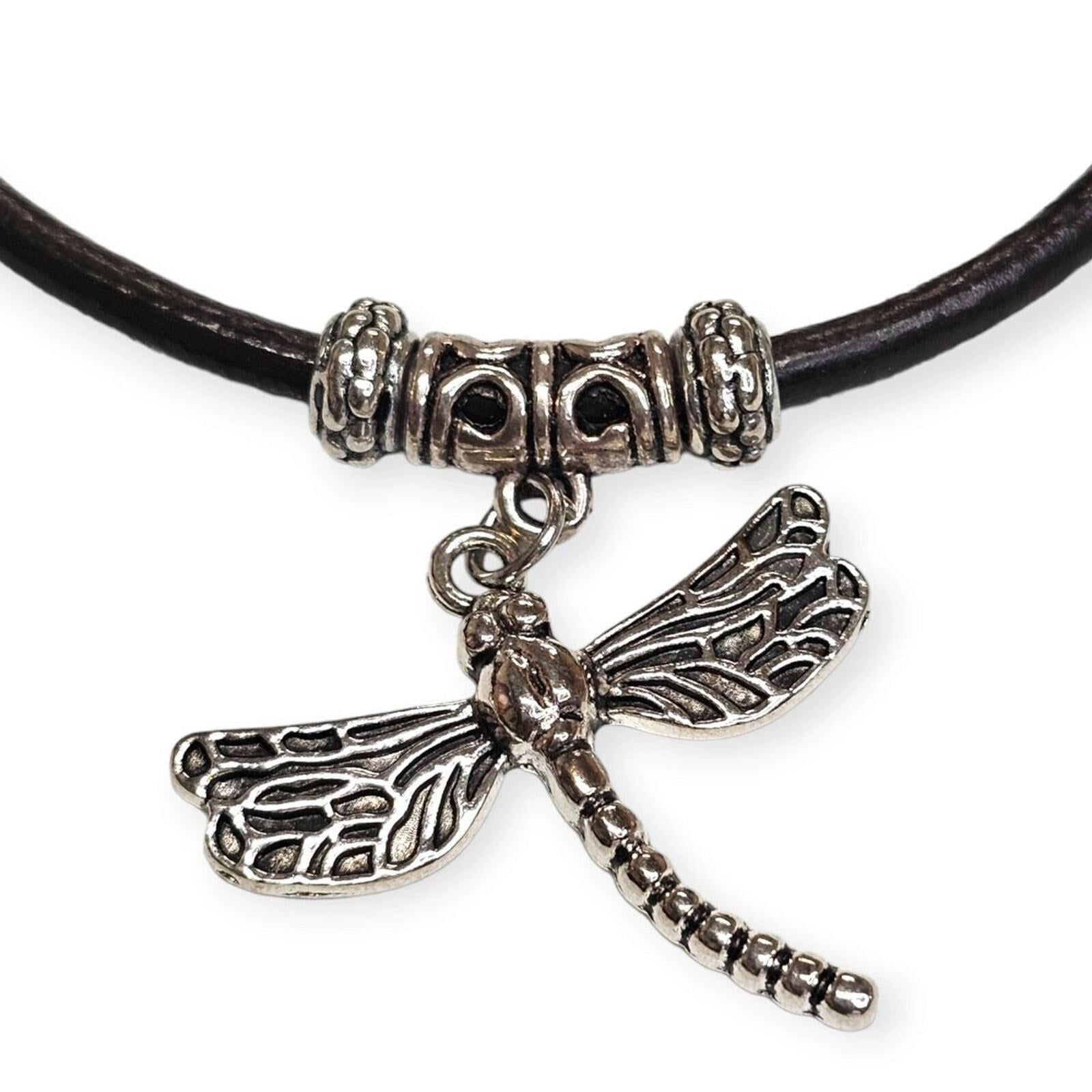 Handmade Brown Leather w Silvertone Pewter Accent and Clasp Dragonfly Charm (8)