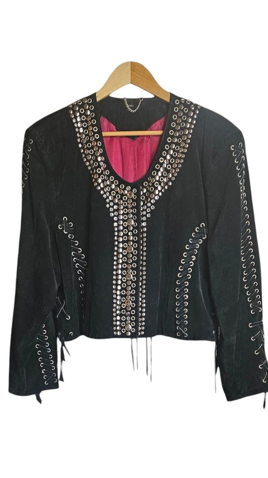 Rare Vintage Black Suede Riveted And Crystal Embellished Jacket Size Medium
