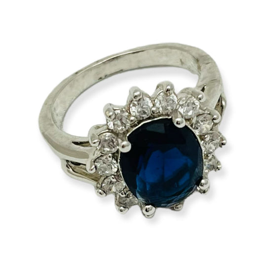 Vintage Blue Cubic Zirconia Halo Ring Size 8