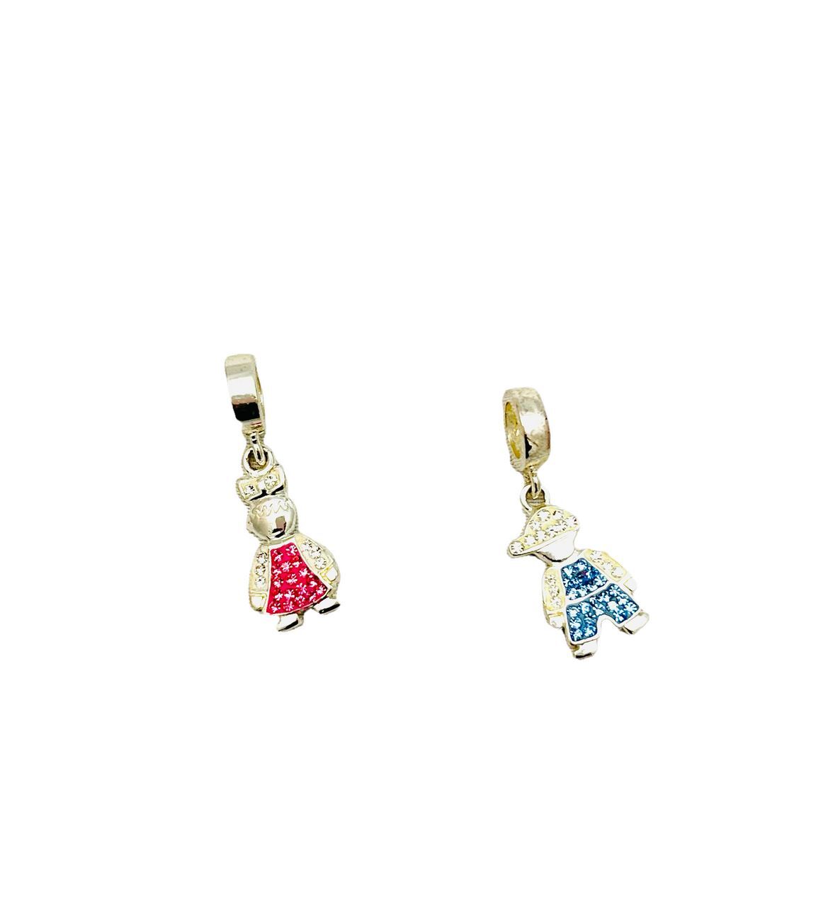 Dainty Sterling Silver Crystal-Embellished Pair Boy and Girl Charms/Pendants