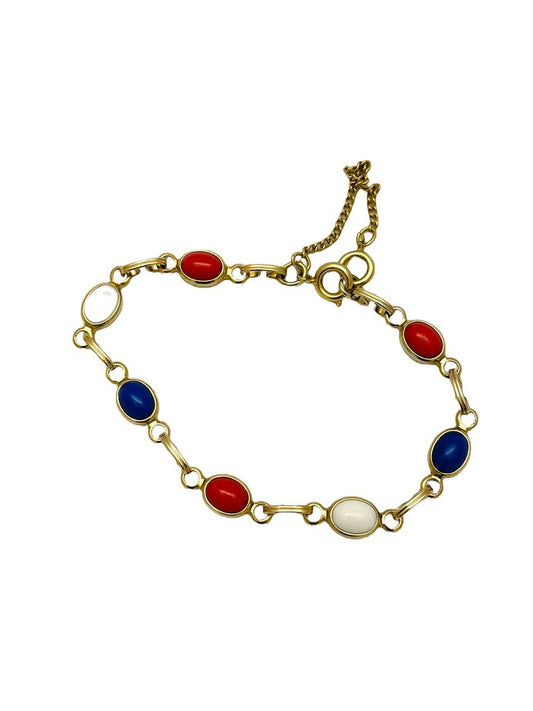 Vintage 12K Gold Filled Oval Red, White, Blue Stones W Scrolled Links 7"