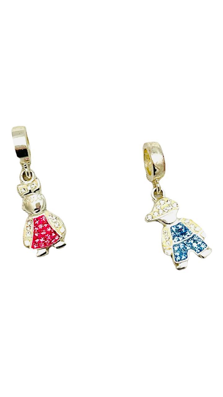 Dainty Sterling Silver Crystal-Embellished Pair Boy and Girl Charms/Pendants