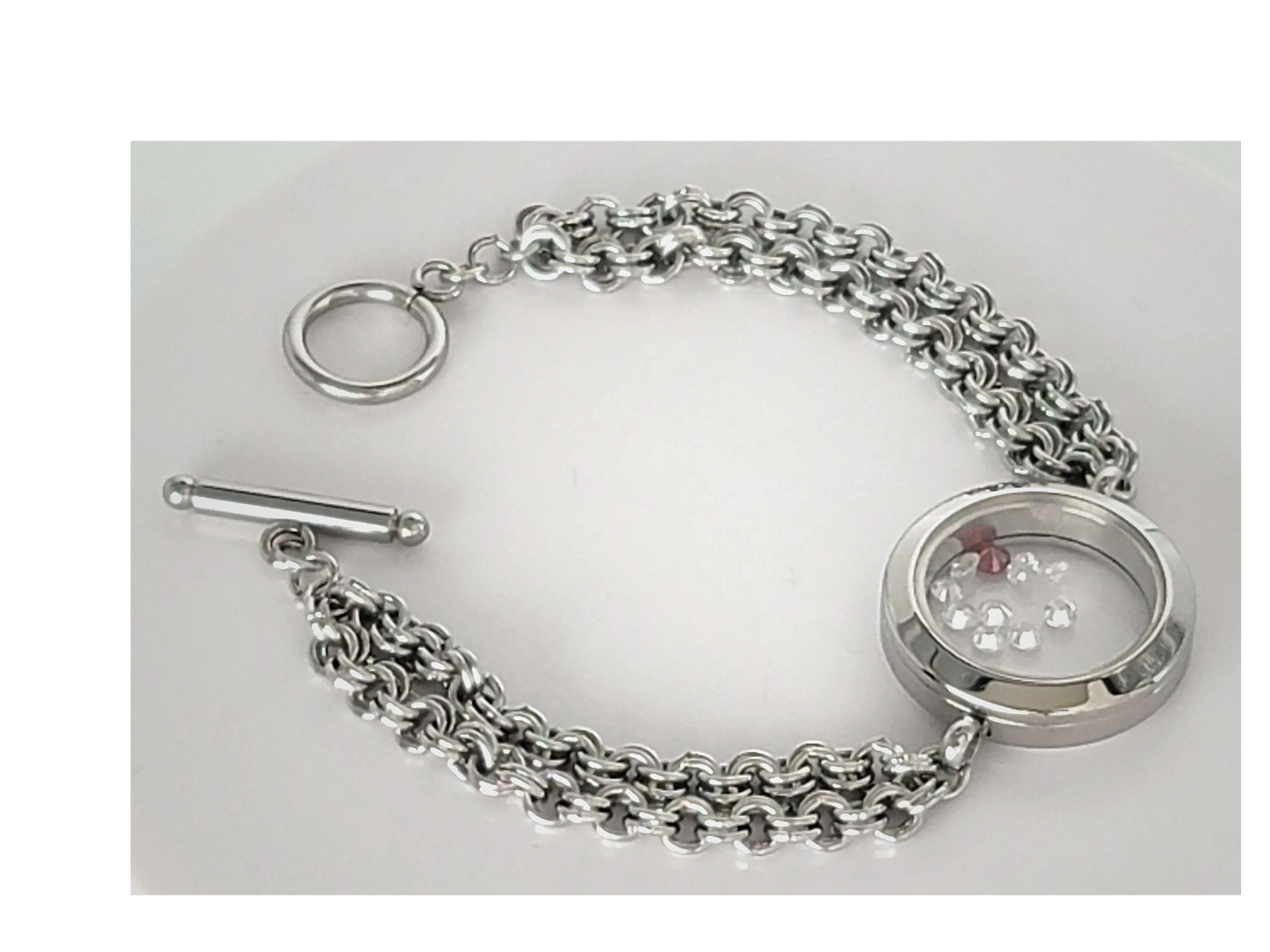 Women's Stainless Steel Double Link Cubic Zirconia Memory Toggle Bracelet