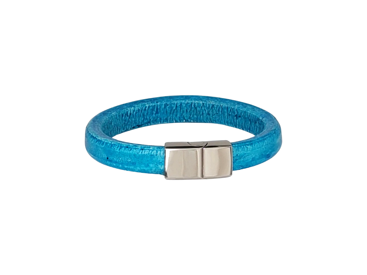 Blue Turquoise Wide-Band Distressed Leather Stainless Steel Bracelet