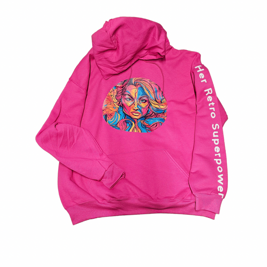 The Try My Closet Her Retro Superpower Pink Oversized Hoodie in XL features a bright pink color, an abstract woman’s face on the front, and Her Retro Superpower in bold white letters on the left sleeve for unique style.