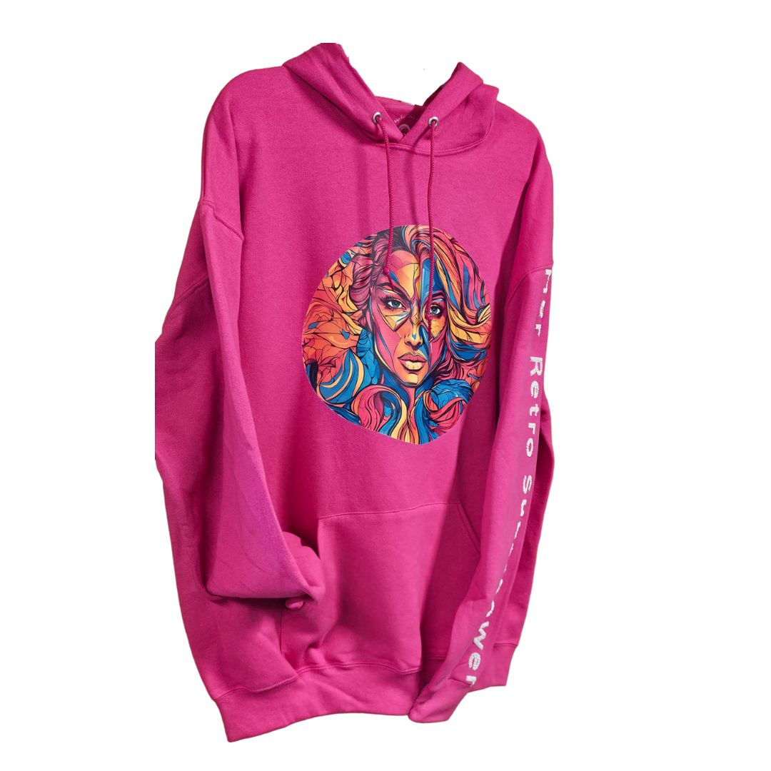 The Try My Closet Her Retro Superpower Pink Oversized Hoodie (XL) features a colorful abstract woman’s face in a circle on the chest and Retro Surreal Wave in white on the right sleeve. Custom order, shown on white.