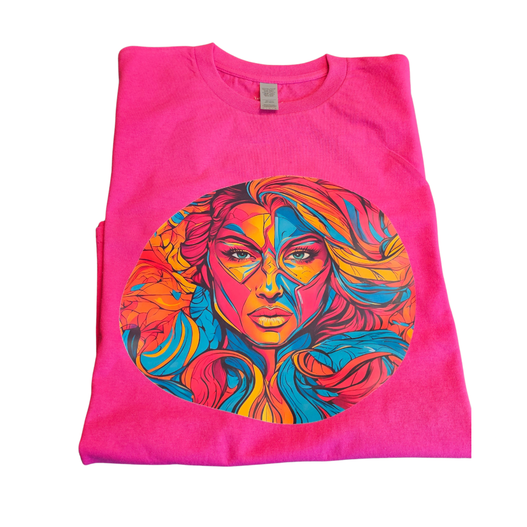 The Collab Gift Graphic Tee by Try My Closet features a vivid abstract woman’s face with flowing multicolored hair—an artistic way to show your style and support mental health awareness.