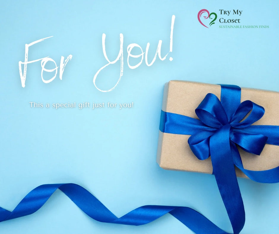 A Giftcard from Try My Closet is wrapped in brown paper with a blue ribbon on a blue background. White text says For You! and This is a special gift for any occasion. The Try My Closet logo appears in the top right corner.