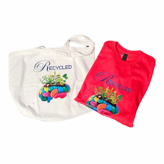 Try My Closets Collab Gift Graphic Tees and Totes feature a bold brain-and-plant RECYCLED graphic—ideal for mental health awareness. The white tote lies flat beside the neatly folded red tee.