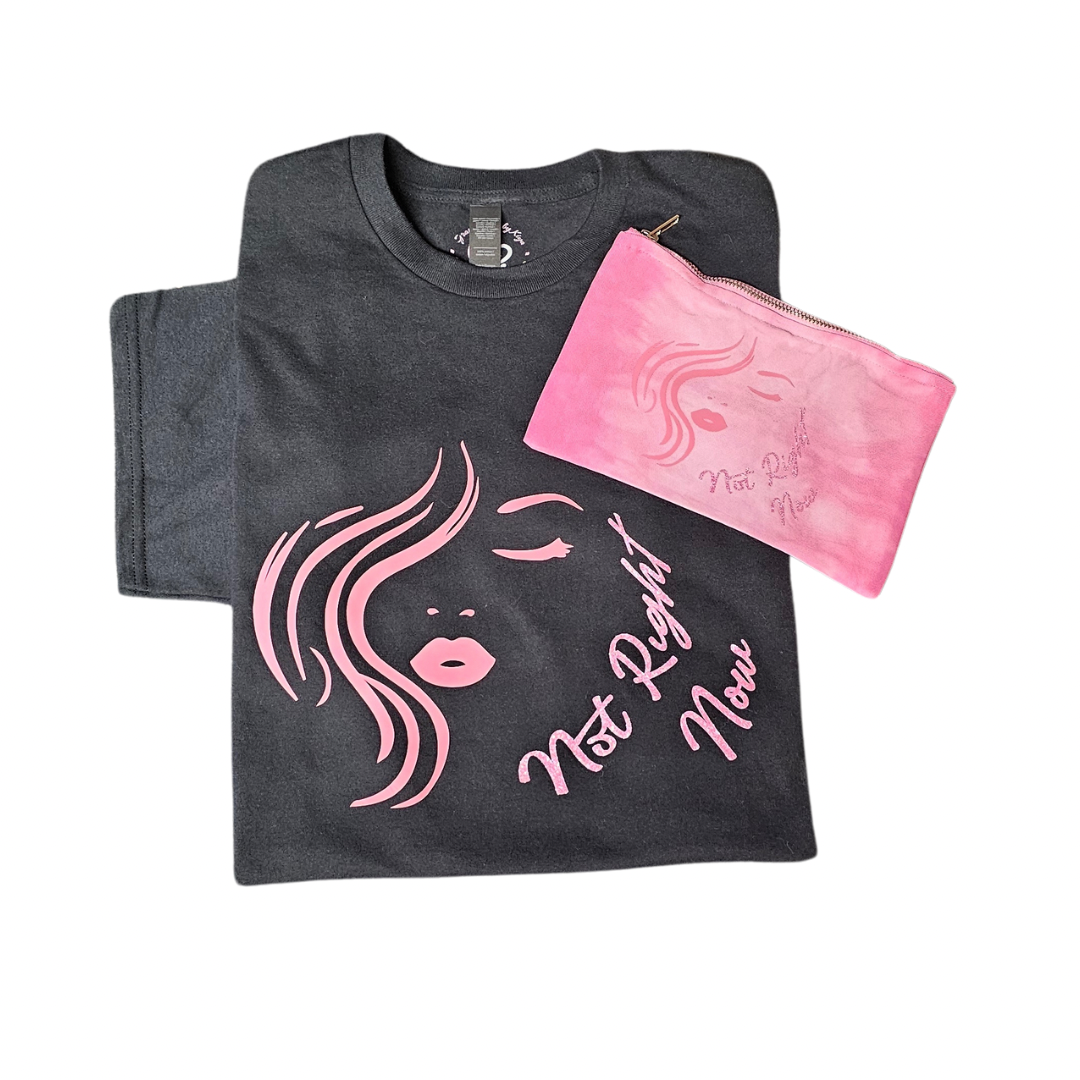 The Try My Closet Not Right Now Pink on Black Graphic Tee (Size Lg) features a pink womans face graphic and comes with a matching pink pouch. Custom orders for coordinated sets are available.
