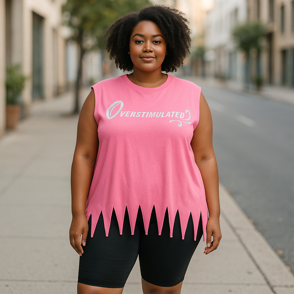 A woman stands on a tree-lined city sidewalk wearing the Try My Closet Retro Style Overstimulated Graphic Tee in hot pink (LMT ED), paired with black shorts. She showcases the included free matching scrunchie.