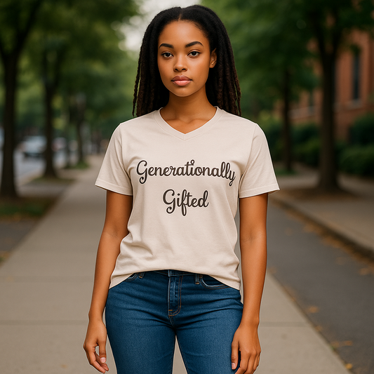 A young woman with long braids stands confidently on a sidewalk, wearing the Try My Closet Generationally Gifted Hand Dyed Beige Graphic Tee, featuring cursive lettering. Custom orders available. Trees and buildings fill the background.