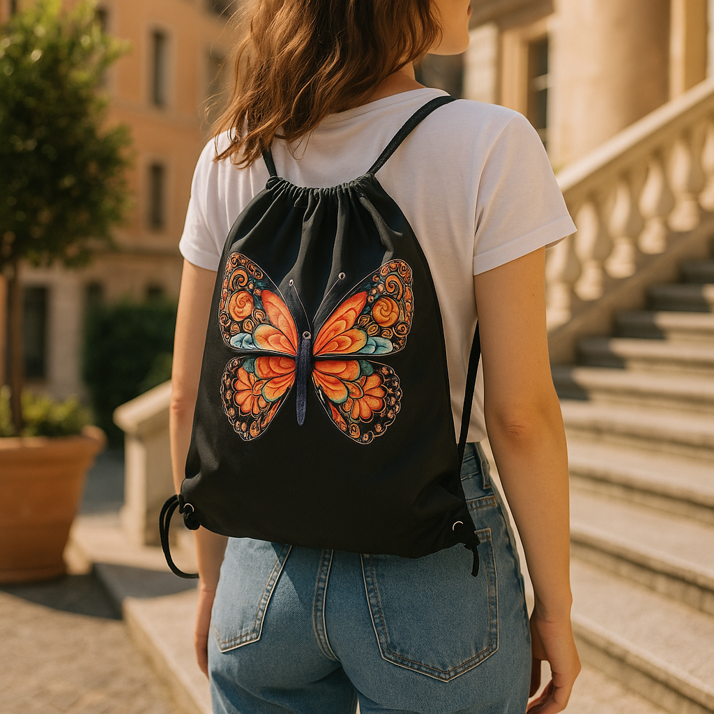 A woman in the Morphed Black Graphic Tee With Lightweight Drawstring Backpack Value Set from Try My Closet stands outdoors near stone steps and a potted plant, carrying the backpack featuring a colorful butterfly design.