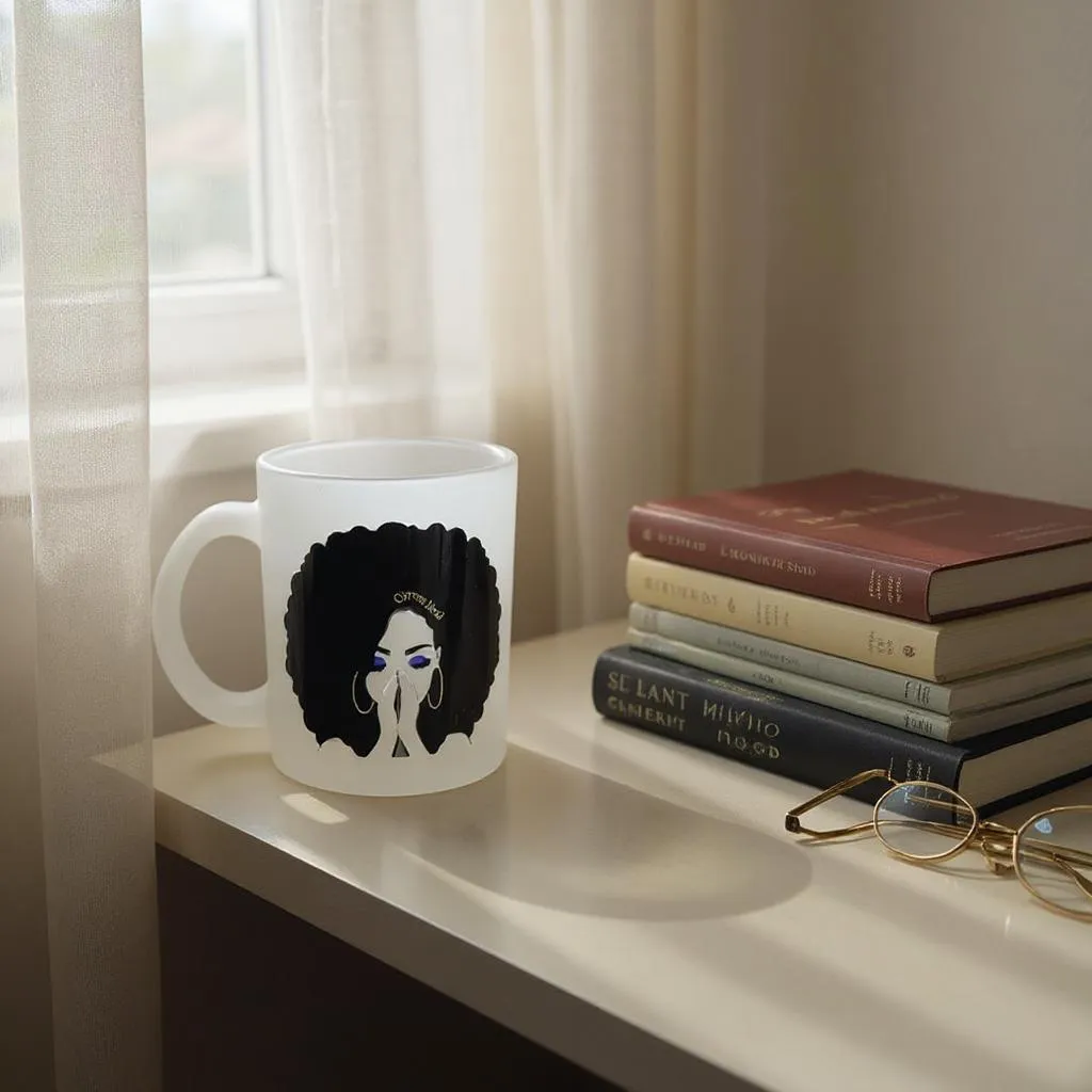 The Current Mood Frosted 11 oz Mug by Try My Closet, featuring a woman with curly hair, sits beside books and glasses in sunlit comfort—perfect for introverts seeking cozy mornings.
