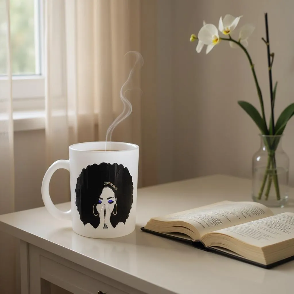 The Try My Closet Current Mood Frosted 11 oz Mug, featuring a woman with curly hair and hoop earrings, sits on a white table next to an open book and white orchid—ideal for introverts enjoying peaceful moments in the sun.