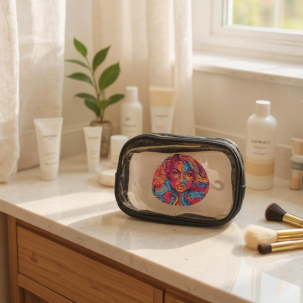 The Her Retro Superpower Mask Up Cosmetic Pouch by Try My Closet, featuring a vibrant womans face illustration, rests on the bathroom counter among skincare bottles and brushes—adding inspiration to your makeup routine.
