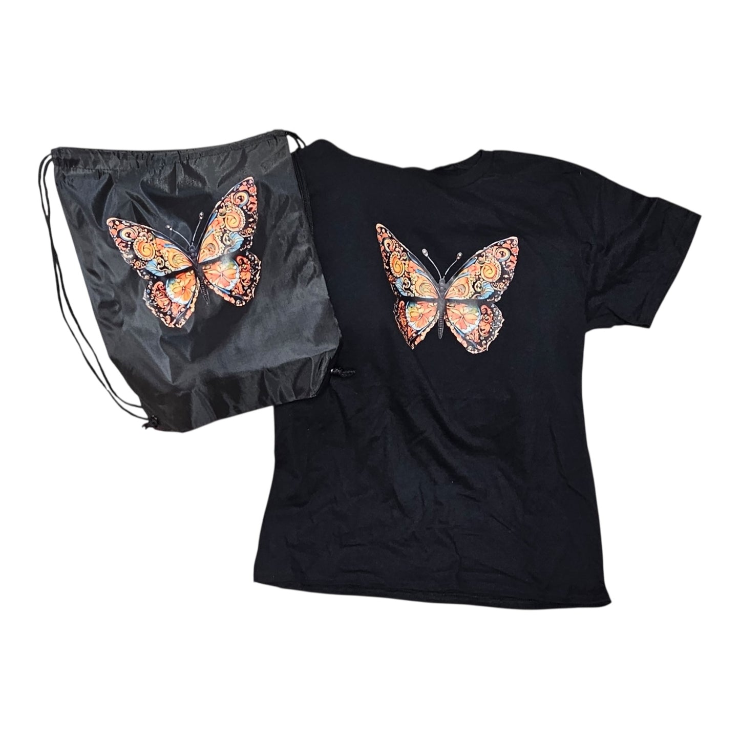 The Morphed Black Graphic Tee With Lightweight Drawstring Backpack Value Set by Try My Closet features a colorful ornate butterfly graphic on both pieces, each shown flat against a white background.