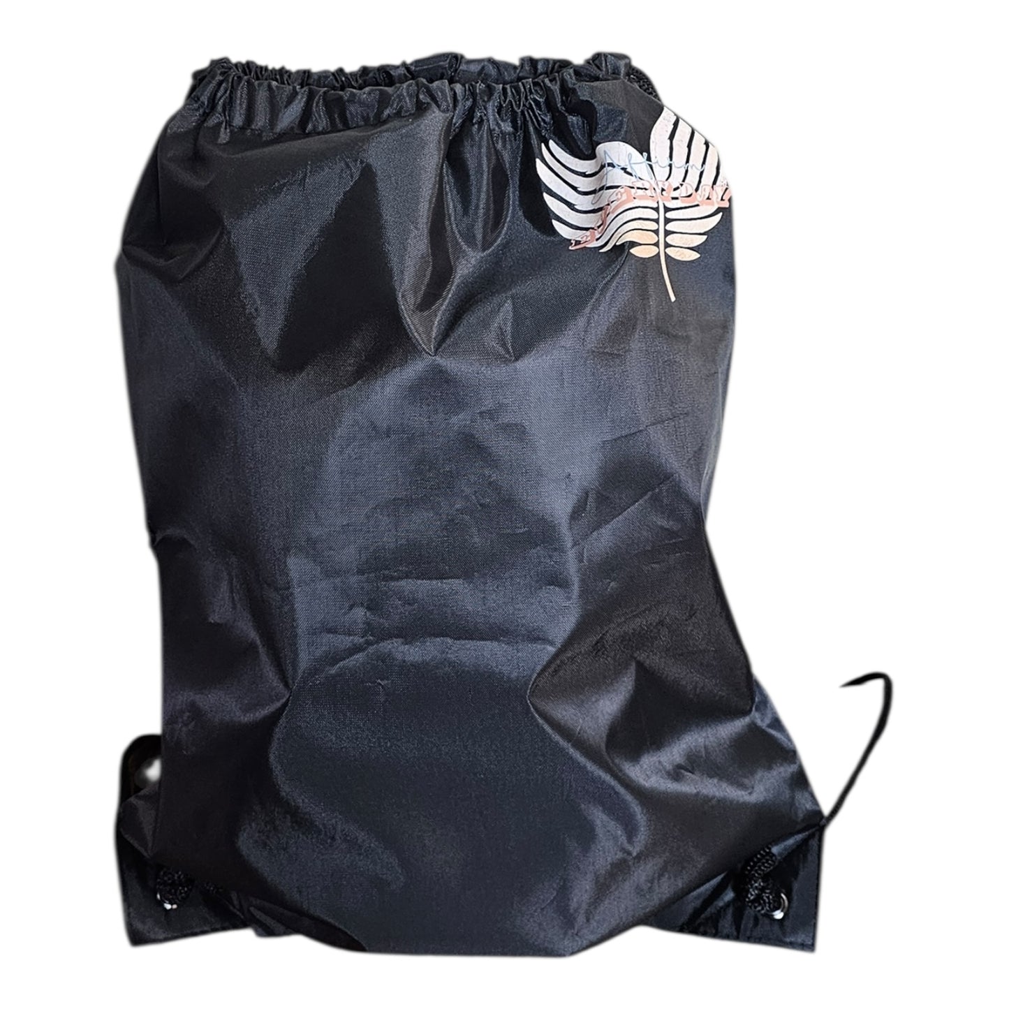 The Try My Closet Affirm Everyday Glass Tumbler and Lightweight Drawstring Backpack Value Set features a black, eco-friendly backpack with a shiny finish and partial white-orange winged logo on the top right, shown on a white background.