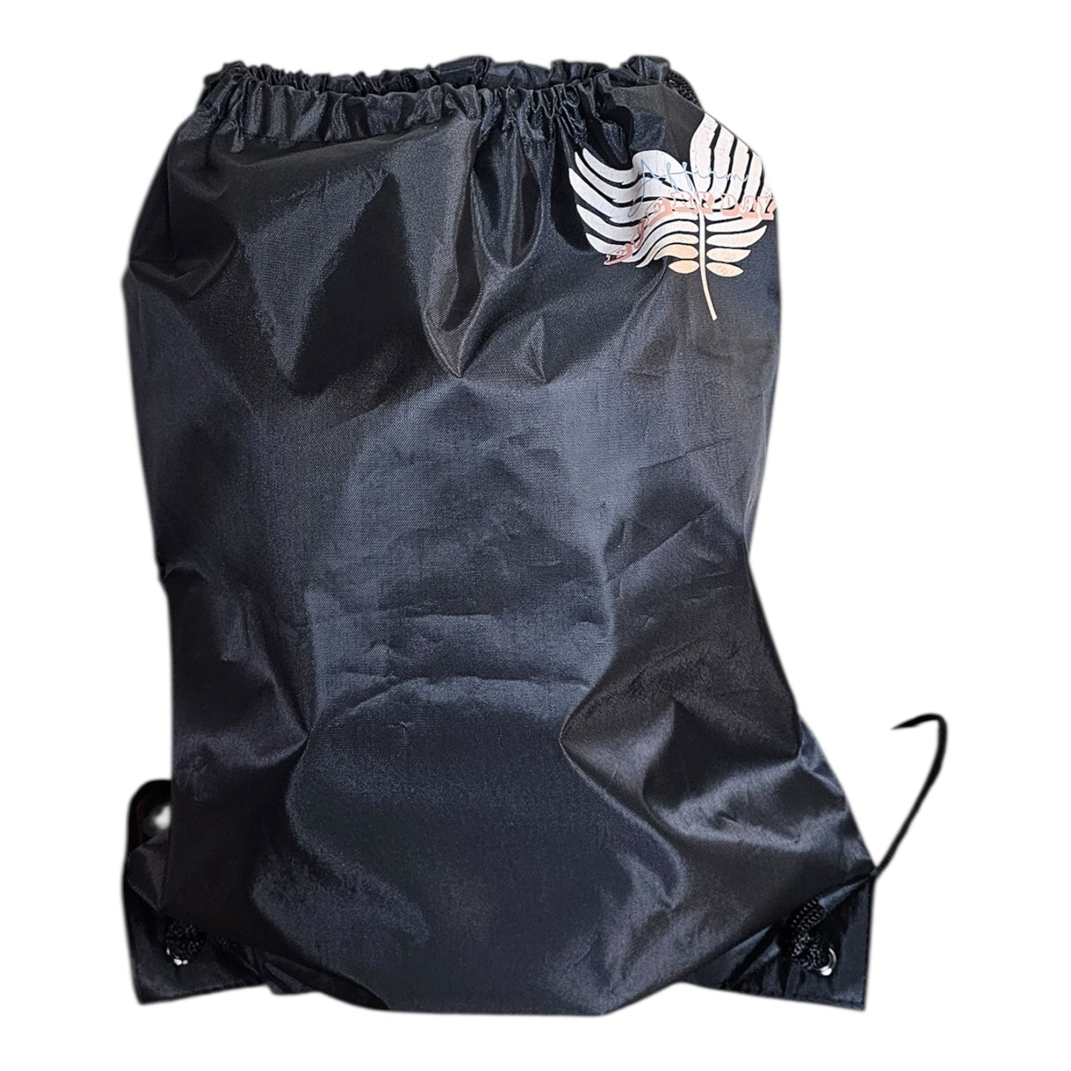 The Try My Closet Affirm Everyday Glass Tumbler and Lightweight Drawstring Backpack Value Set features a black, eco-friendly backpack with a shiny finish and partial white-orange winged logo on the top right, shown on a white background.
