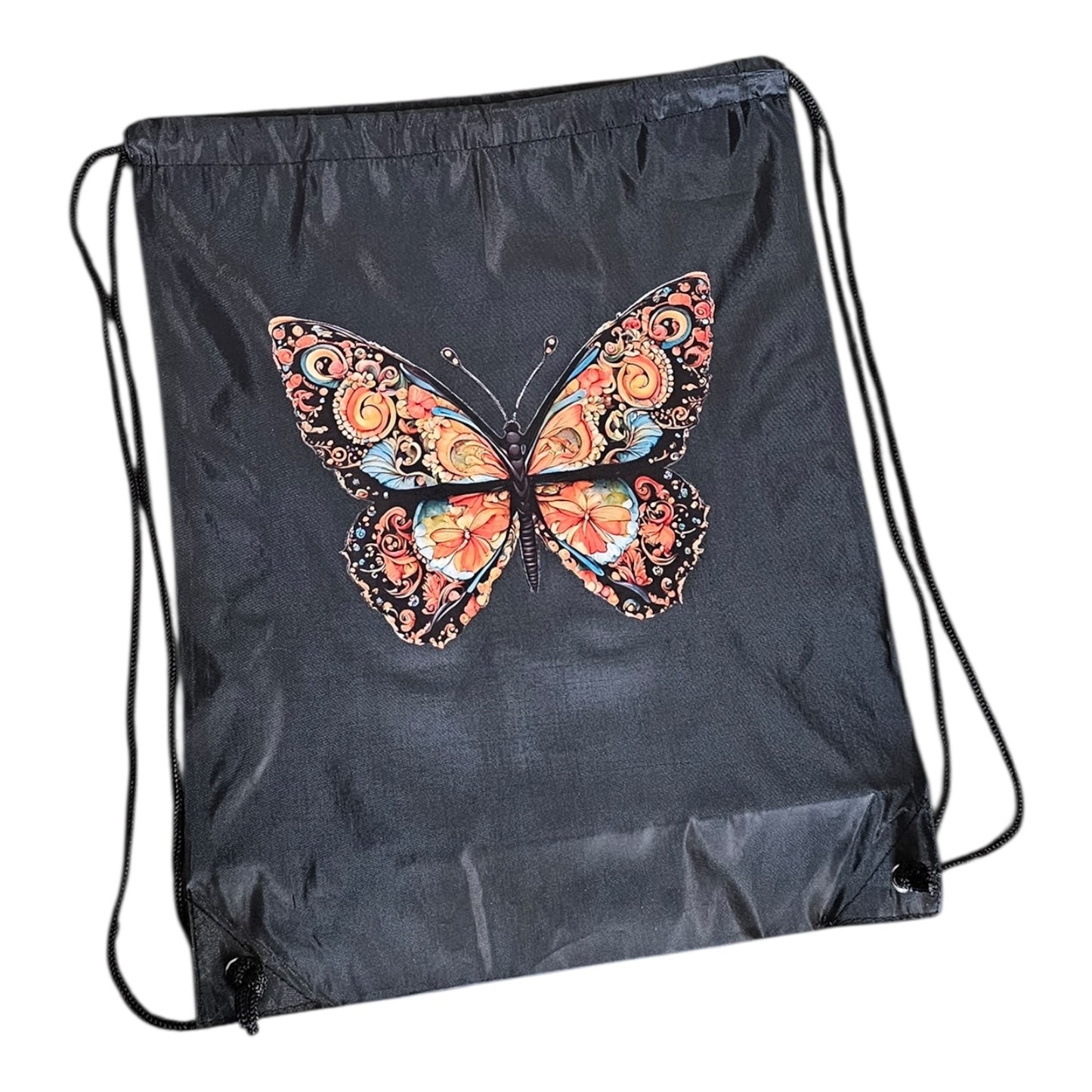 The Morphed Black Graphic Tee With Lightweight Drawstring Backpack Value Set from Try My Closet includes a black graphic tee and a drawstring backpack with a vibrant butterfly design—ideal for adding color to your outfit.