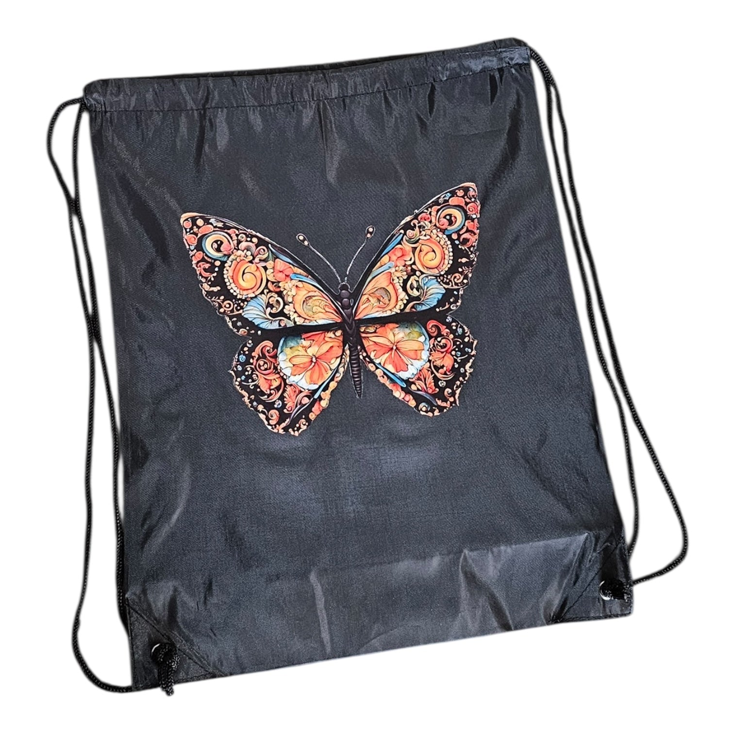 The Morphed Black Graphic Tee With Lightweight Drawstring Backpack Value Set from Try My Closet includes a black graphic tee and a drawstring backpack with a vibrant butterfly design—ideal for adding color to your outfit.