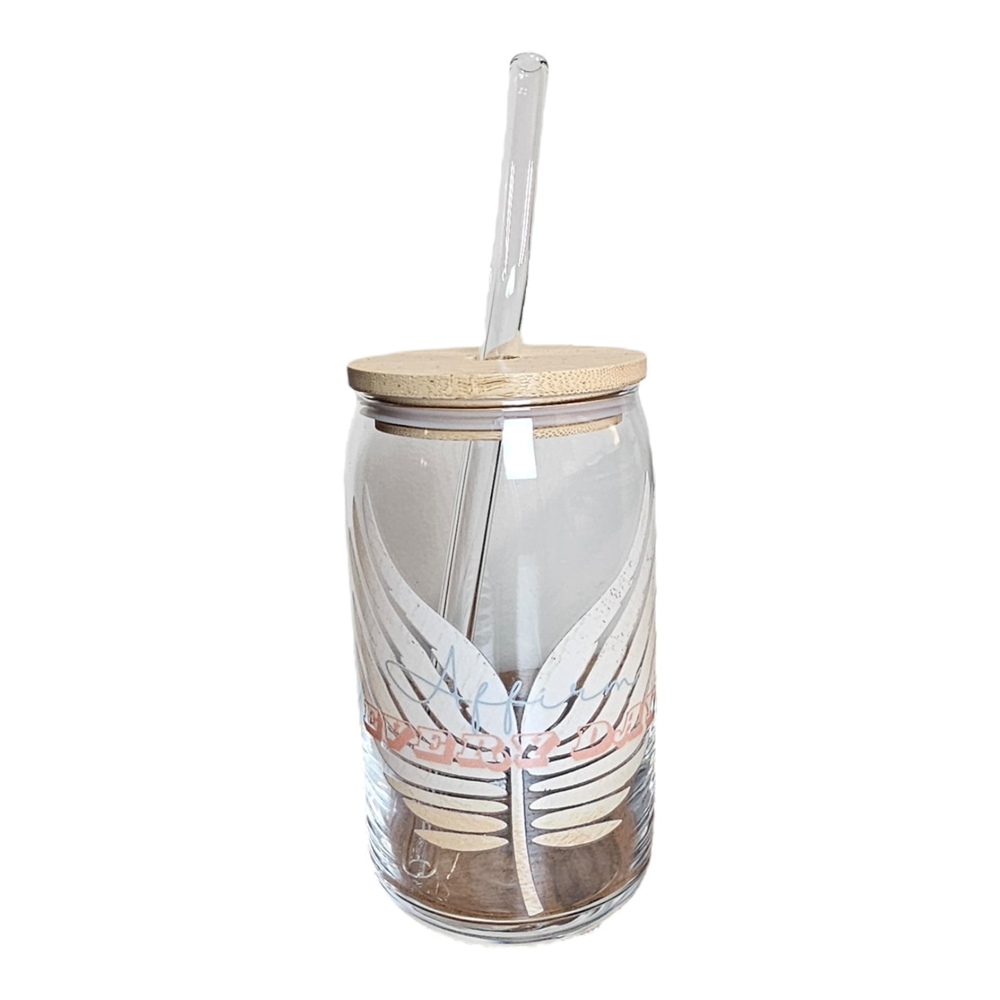 The Try My Closet Affirm Everyday Glass Tumbler and Lightweight Drawstring Backpack Value Set features a clear tumbler with bamboo lid, glass straw, and white/peach tropical leaf design—an eco-friendly, stylish must-have for sustainable sipping.