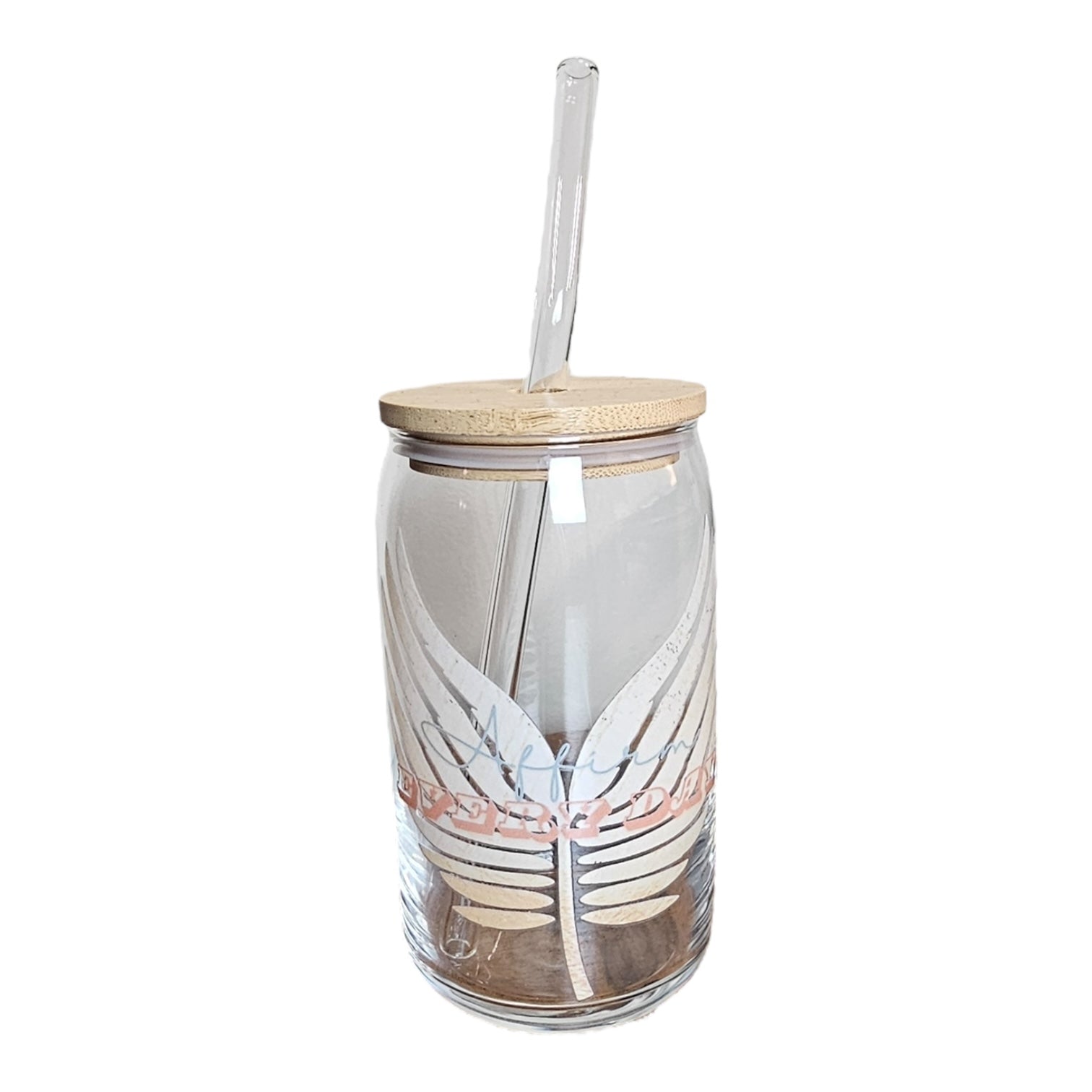 The Try My Closet Affirm Everyday Glass Tumbler and Lightweight Drawstring Backpack Value Set features a clear tumbler with bamboo lid, glass straw, and white/peach tropical leaf design—an eco-friendly, stylish must-have for sustainable sipping.