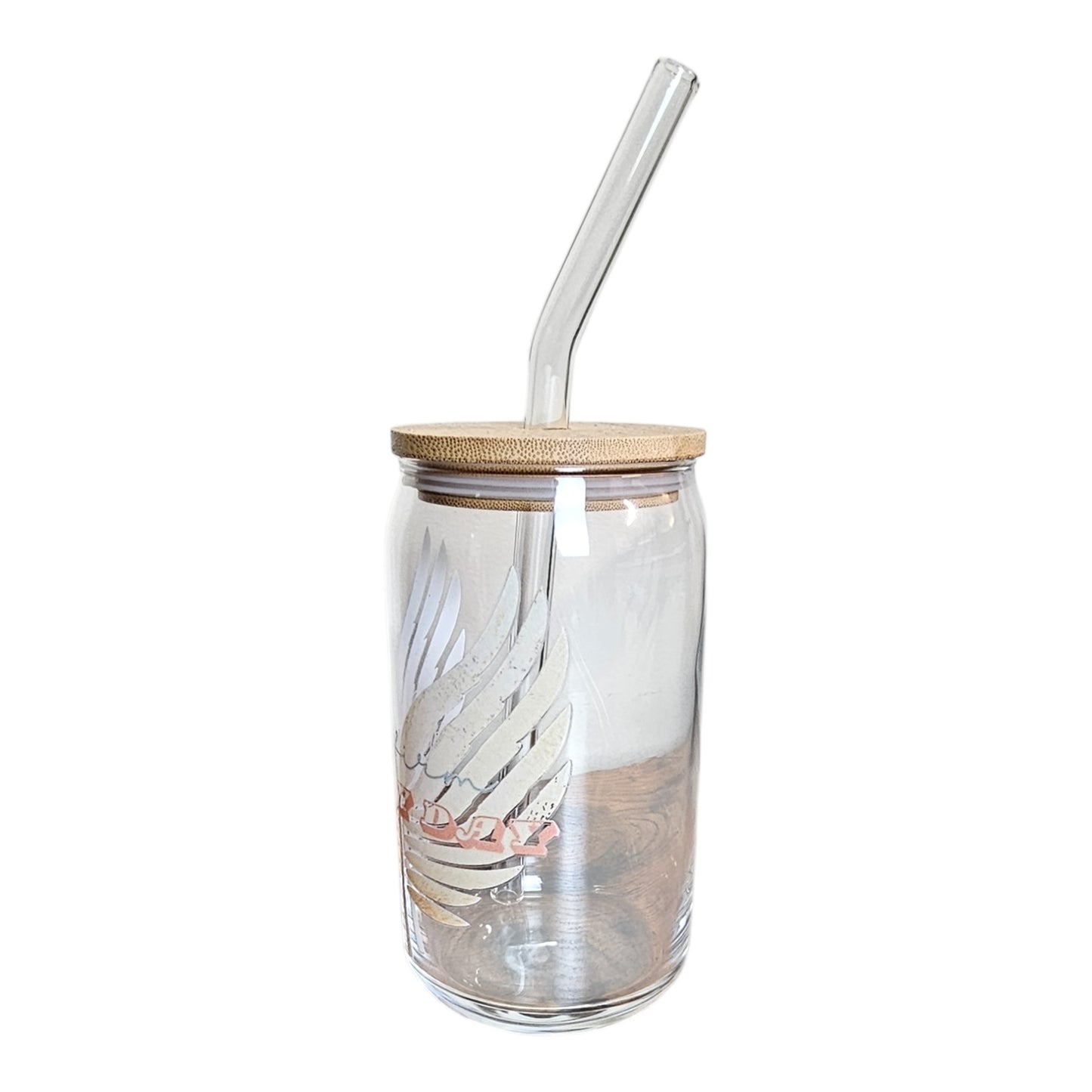 The Try My Closet Affirm Everyday Glass Tumbler, part of the Value Set with a lightweight drawstring backpack, features eco-friendly glass, a bamboo lid, bent straw, and white wings with SORRY in red on a plain white background.