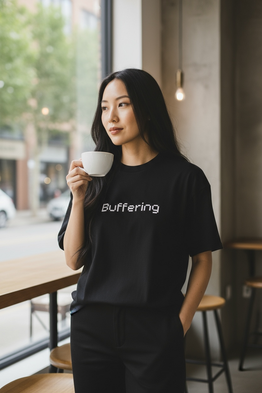 A woman with long dark hair stands by a café window, holding a white coffee cup. She wears the Buffering Black Graphic Tee by Try My Closet—a tech-inspired shirt—as she looks thoughtfully outside.
