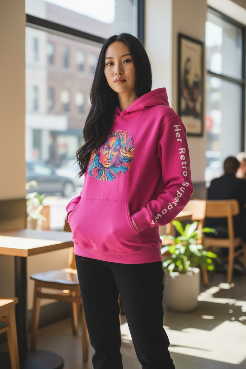 A woman with long dark hair wears the Try My Closet Her Retro Superpower Pink Oversized Hoodie Worded Sleeve, featuring a colorful illustrated face on the front and “Her Retro Superpower” on the sleeve, standing confidently in a cafe.