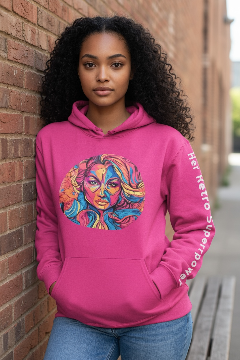 A woman with curly hair wears the Try My Closet Her Retro Superpower Pink Oversized Hoodie Worded Sleeve, featuring a colorful abstract face graphic and "Her Retro Superpower" text on the sleeve, while standing by a brick wall outdoors.