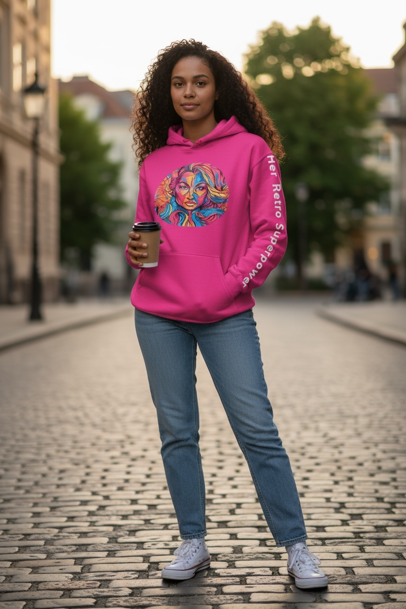 A woman stands on a cobblestone street with coffee, wearing Try My Closet’s Her Retro Superpower Pink Oversized Hoodie Worded Sleeve, blue jeans, and white sneakers. Trees and buildings are in the background.