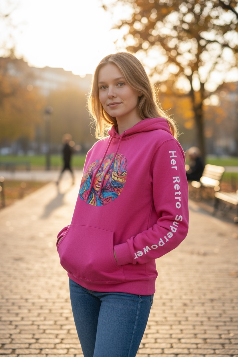 A young woman stands in a sunlit park wearing the Try My Closet Her Retro Superpower Pink Oversized Hoodie Worded Sleeve, featuring colorful front artwork and “Her Retro Superpower” text on the sleeve amid autumn trees.
