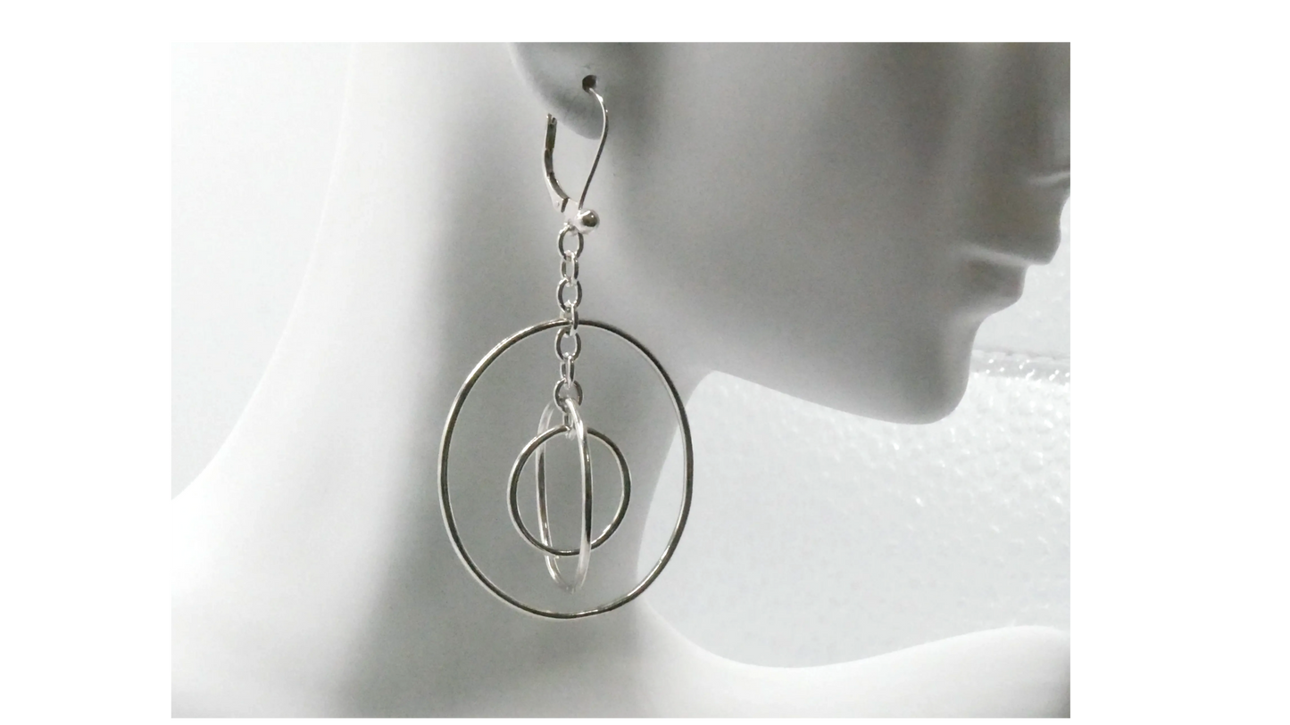 Stylish .925 Sterling Silver Orbital Circle Dangle Earrings