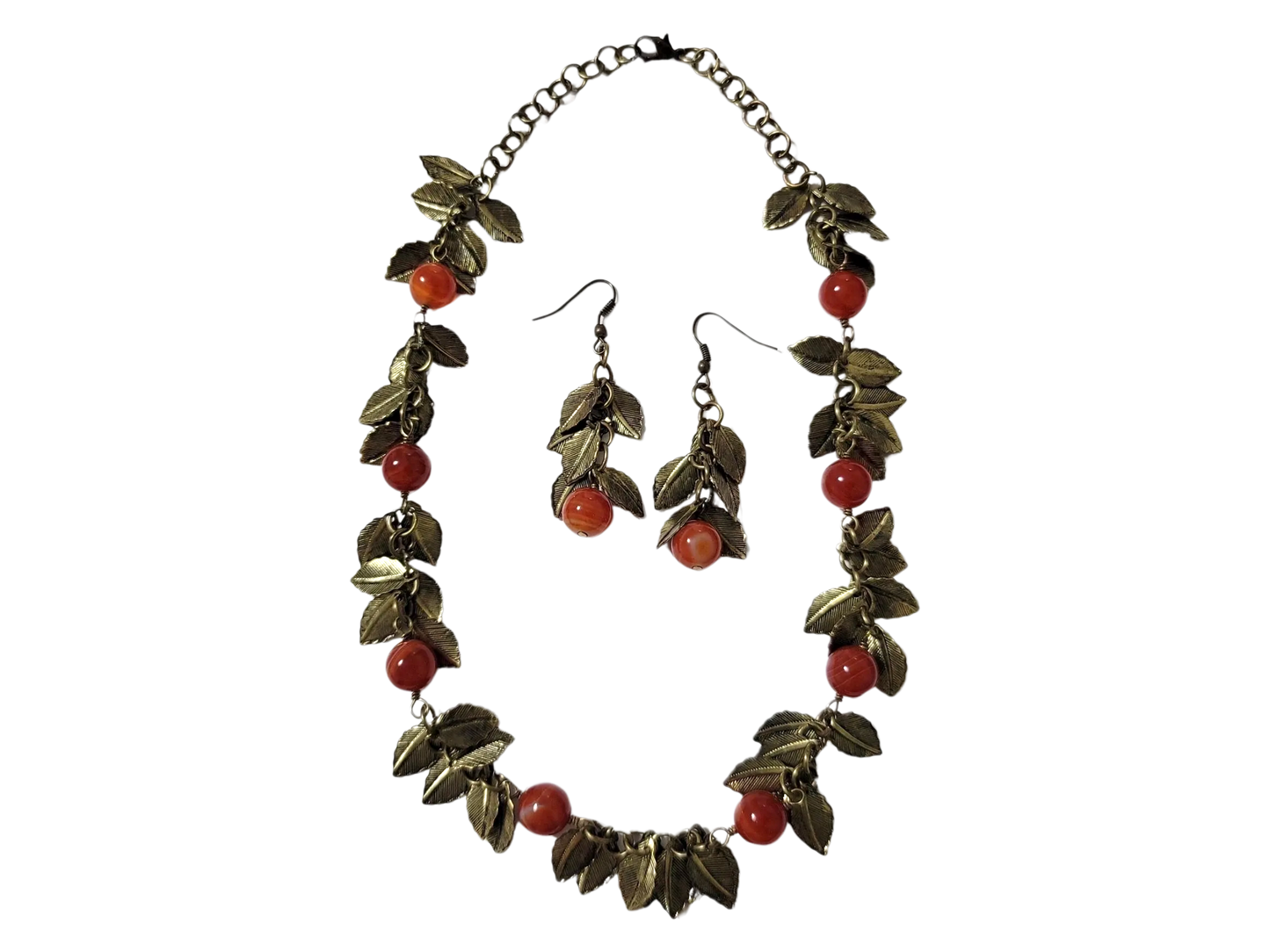 Beautiful Genuine Round Red Agate Leaf Necklace and Earrings Set