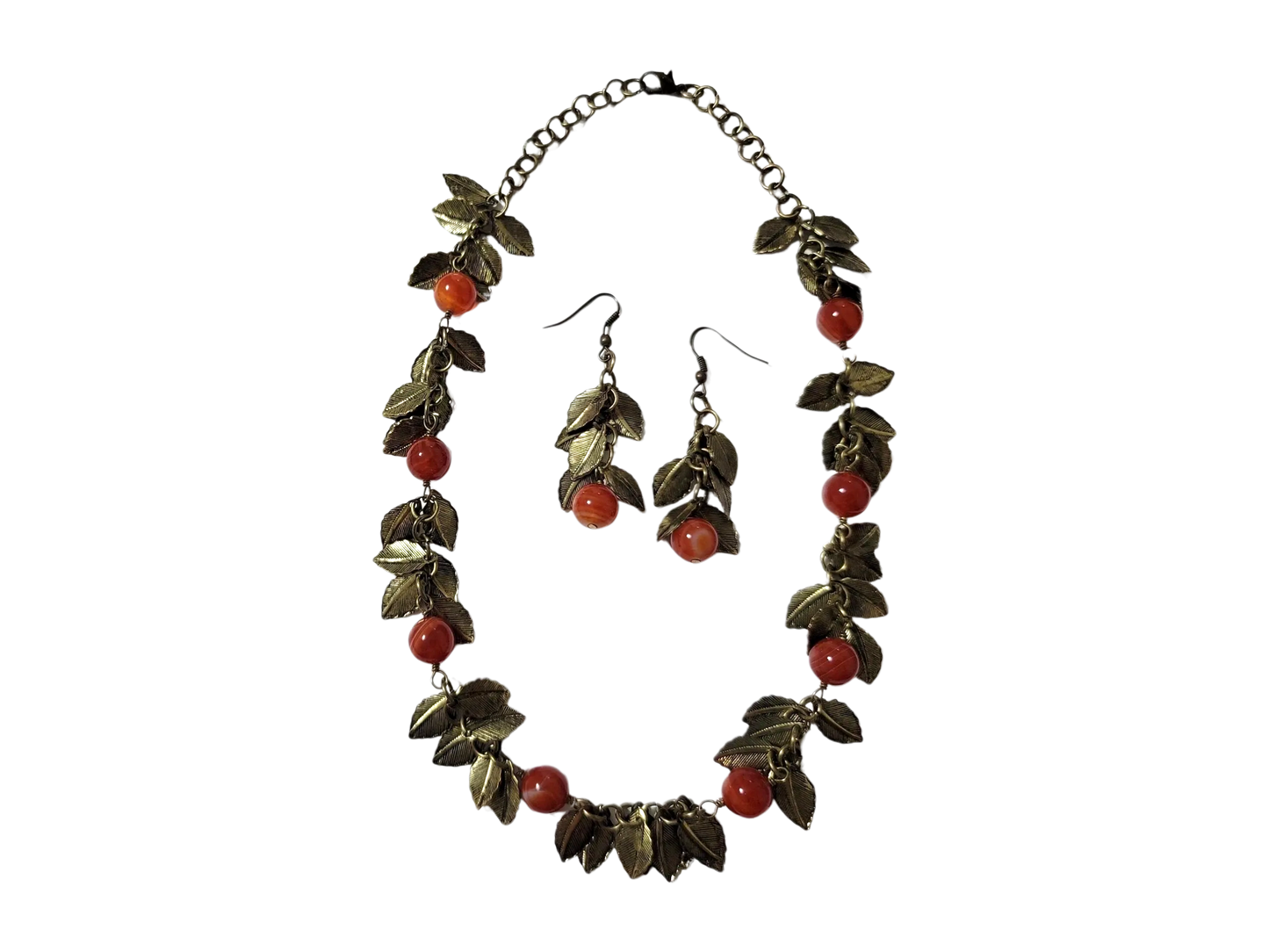 Beautiful Genuine Round Red Agate Leaf Necklace and Earrings Set