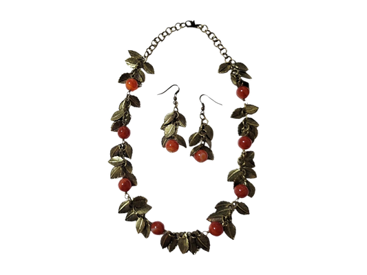 Beautiful Genuine Round Red Agate Leaf Necklace and Earrings Set