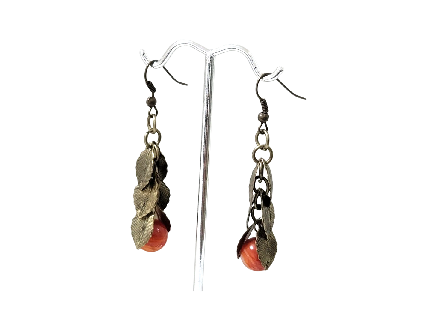 Beautiful Genuine Round Red Agate Leaf Necklace and Earrings Set