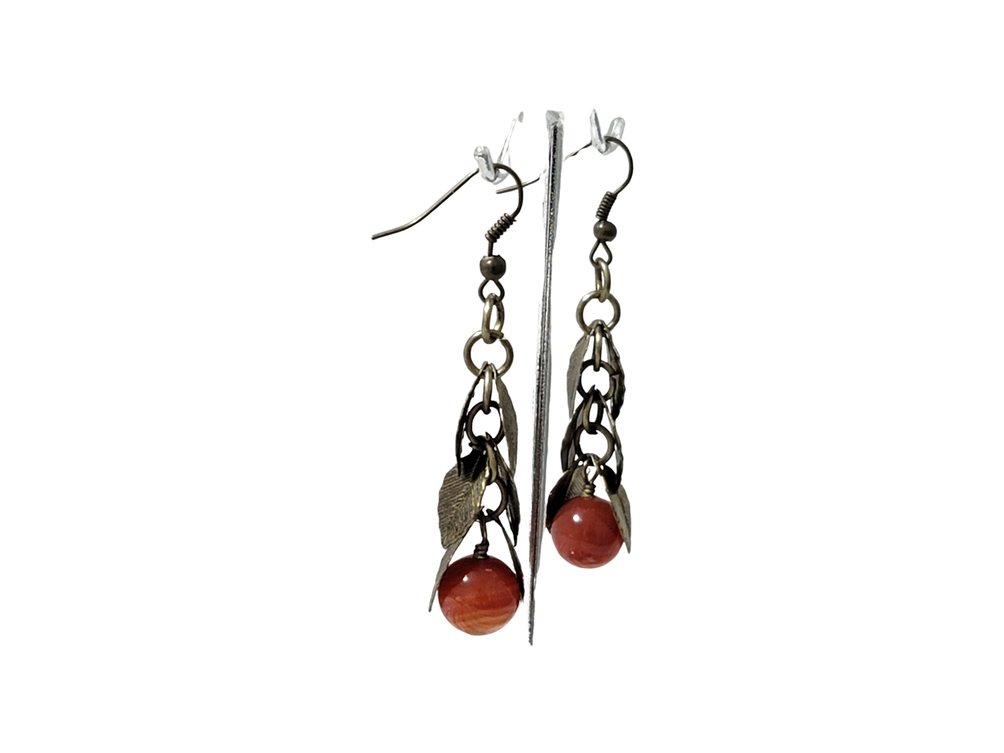 Beautiful Genuine Round Red Agate Leaf Necklace and Earrings Set