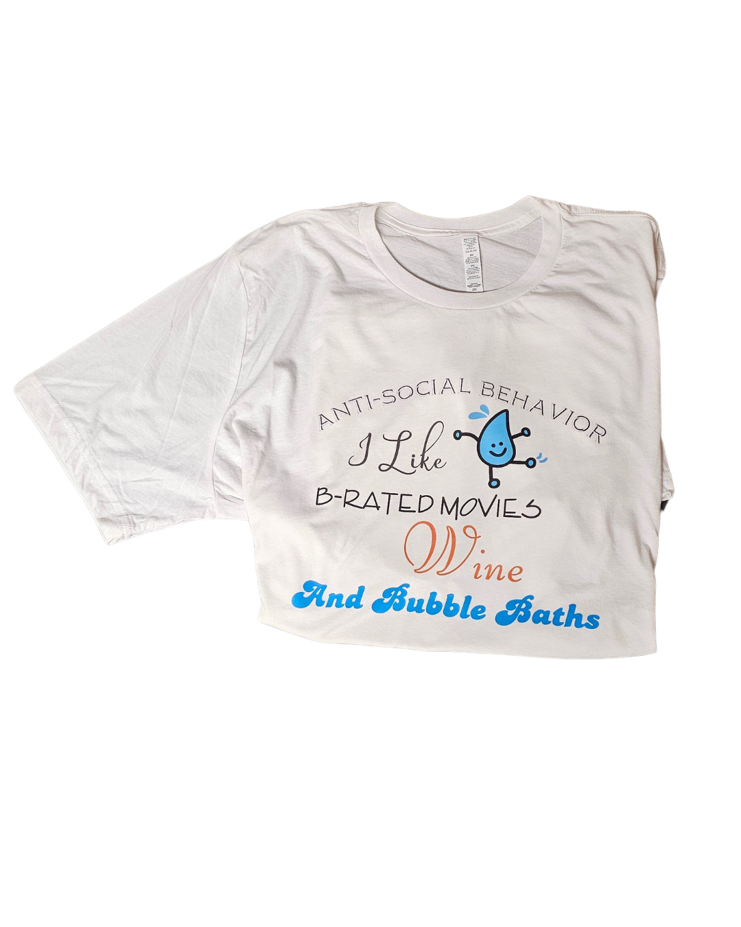 Express your quirky side with the Try My Closet Anti-social Behavior Graphic Tee, featuring bold text and a cheerful bubble bath character with a wine glass. Cotton material. Custom orders available!.