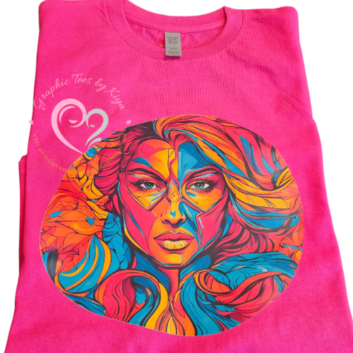 The Her Retro Superpower Limited Edition Graphic Tee by Try My Closet features a vibrant, abstract womans face in bold colors and a white logo on the left. Custom orders available.