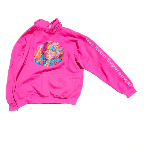 The Her Retro Superpower Pink Oversized Hoodie (XL) by Try My Closet features a vibrant womans face on the front and Her Retro Superpower on the sleeve. Available as a custom order for unique style.